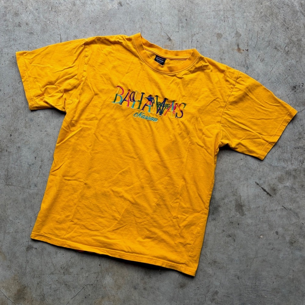 Vintage Dorissa Dorsett Bahamas Nassau Embroidered Yellow Cotton T-Shirt Large